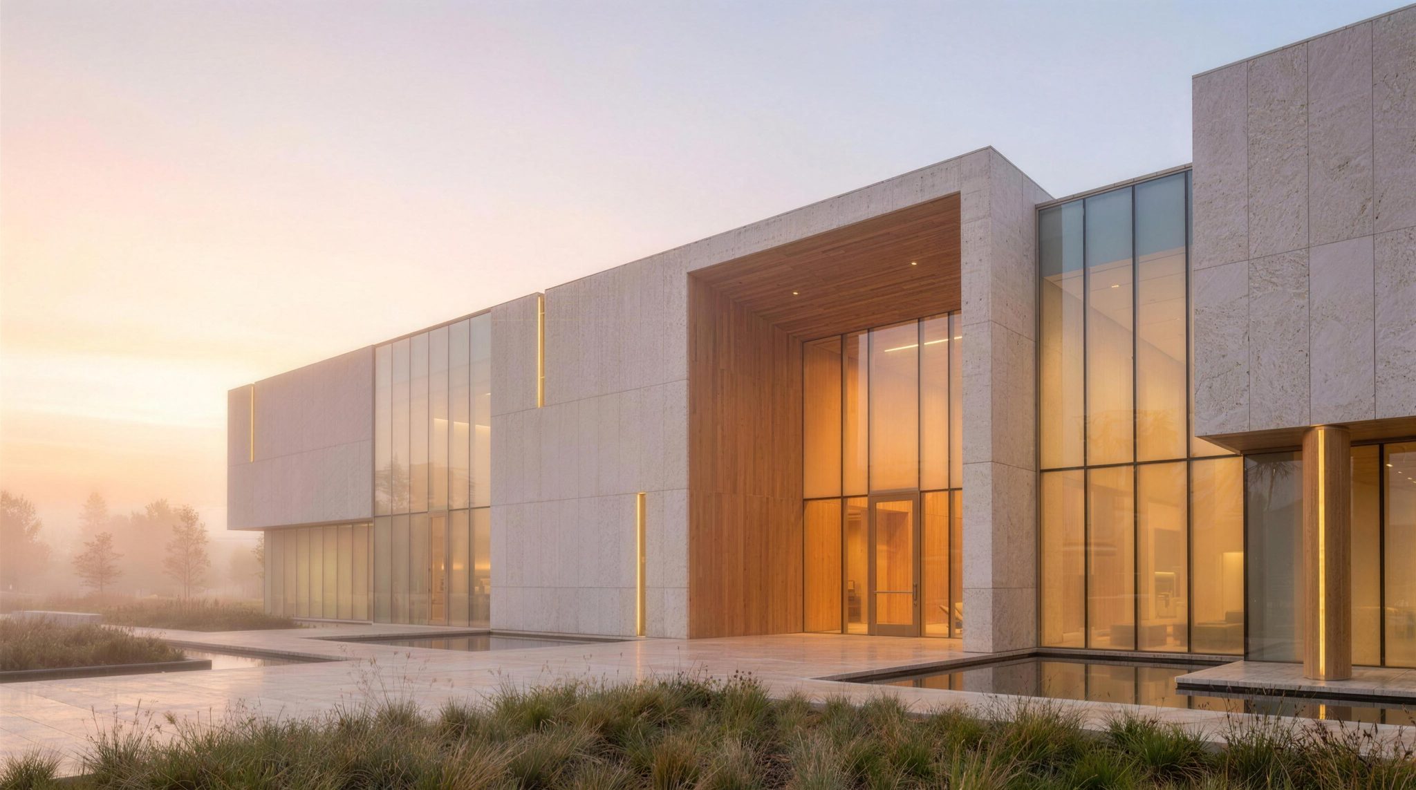 The Velvet Aura Publishing house, a serene modern library building at dawn